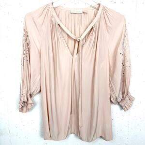 Ramy Brook Cut Out Blouse VNeck Blush Pink Elastic Cuff Short Sleeves Size Small